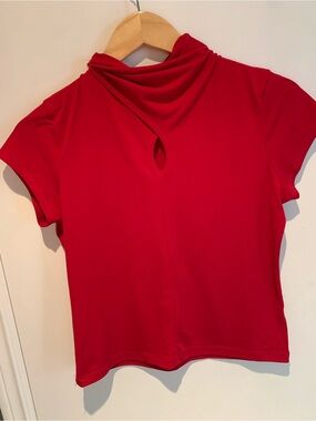 Reitmans Red Short-Sleeve Mock Neck Top with Keyhole Detail